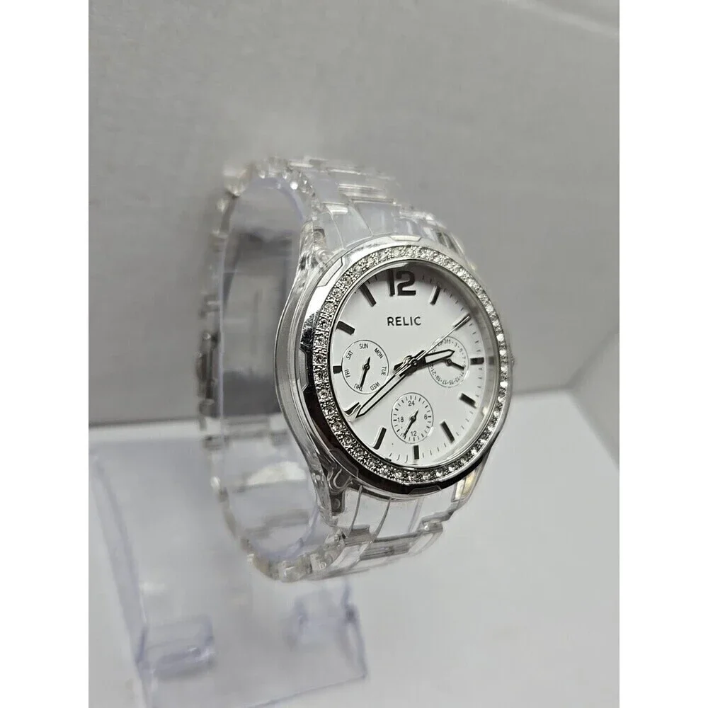 Relic Watch Women 38mm Pave Silver Tone White MOP Dial ZR11904 New Battery